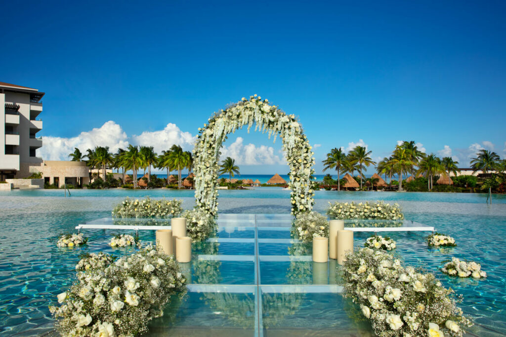 Destination wedding arch over water