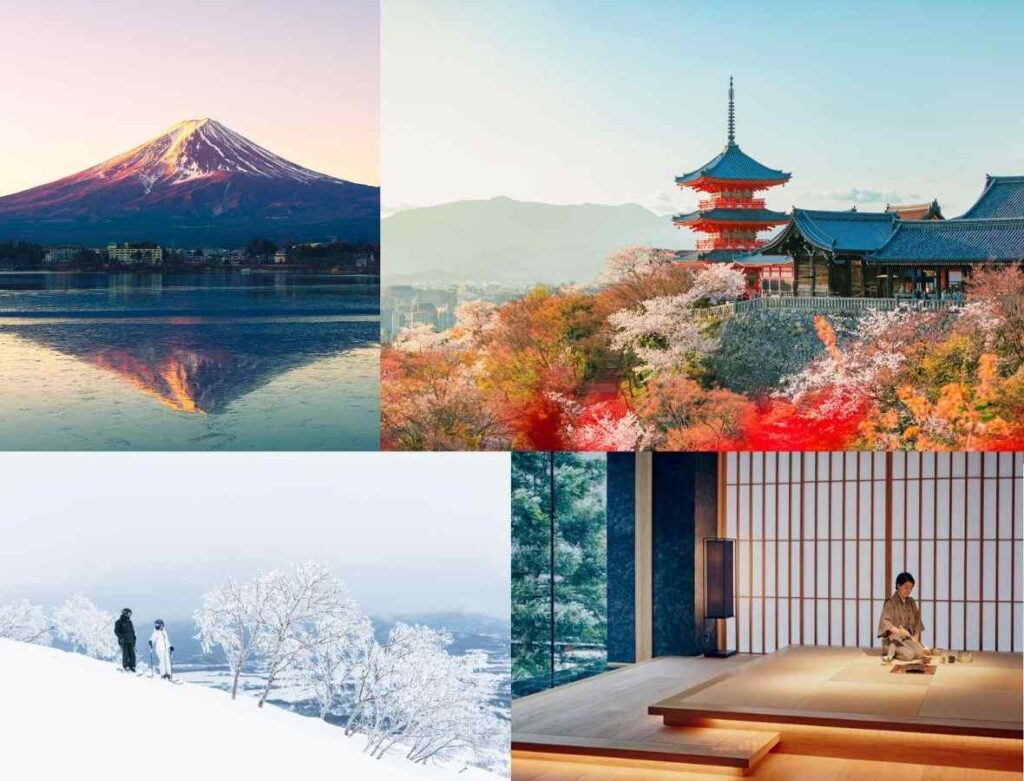 Top: Mt. Fuji | Kyomizu, Kyoto Bottom: Park Hyatt Niseko Hanazono | Hoshinoya Tokyo