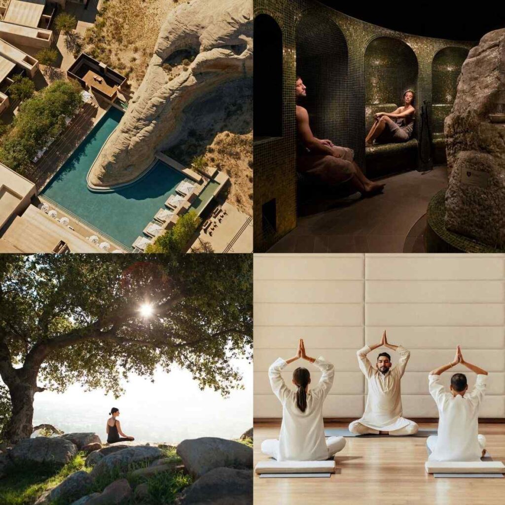 Top Left: Amangiri, Utah | Top Right: Bürgenstock Alpine Spa, Switzerland Bottom Left: Rancho La Puerta, Mexico | Bottom Right: Six Senses Vana, India