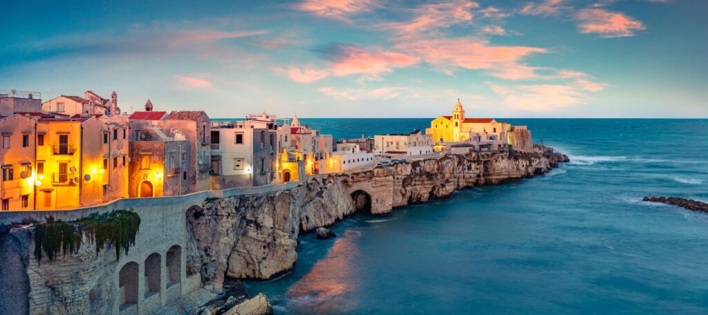 The whitewashed clifftop town of Vieste on the Puglia coast of southern Italy.
