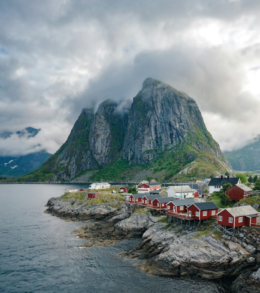 Lofoten Islands red-cabin scene